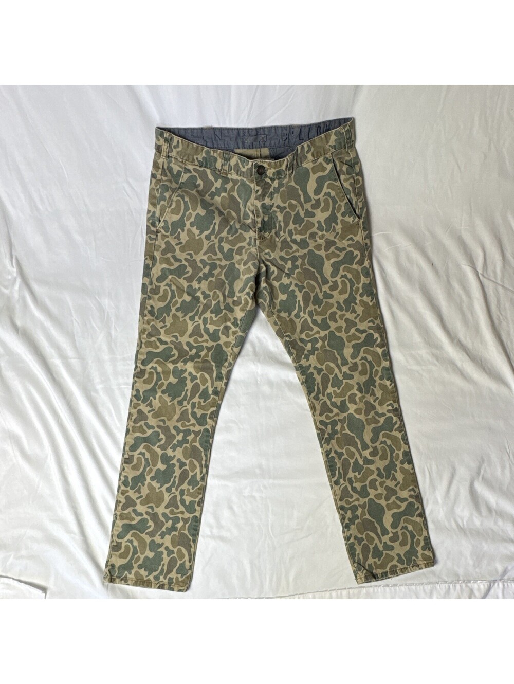 Bullhead Men’s Skinny Camo Chino Pants Green/Beige Cotton Stretch 32W